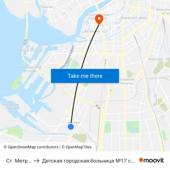 Ст. Метро Автово to Детская городская больница №17 святителя Николая Чудотворца map