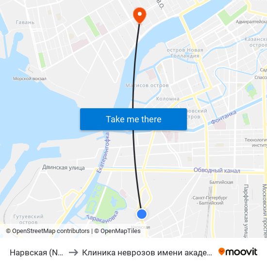 Нарвская (Narvskaya) to Клиника неврозов имени академика И. П. Павлова map