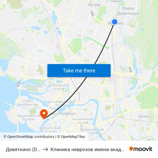 Девяткино (Devyatkino) to Клиника неврозов имени академика И. П. Павлова map