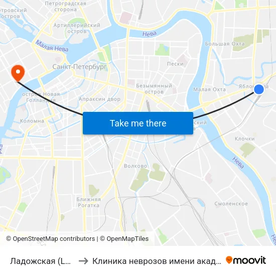 Ладожская (Ladozhskaya) to Клиника неврозов имени академика И. П. Павлова map