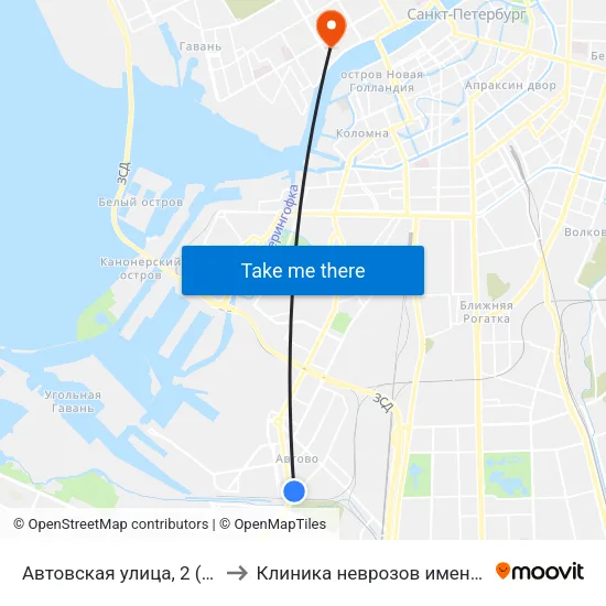 Автовская улица, 2 (станция метро Автово) to Клиника неврозов имени академика И. П. Павлова map