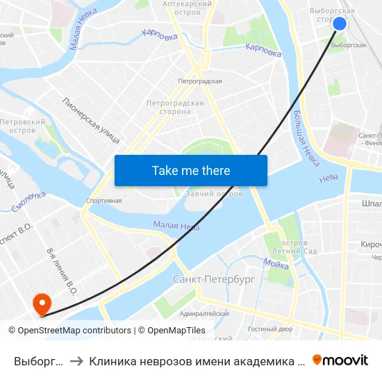 Выборгская to Клиника неврозов имени академика И. П. Павлова map