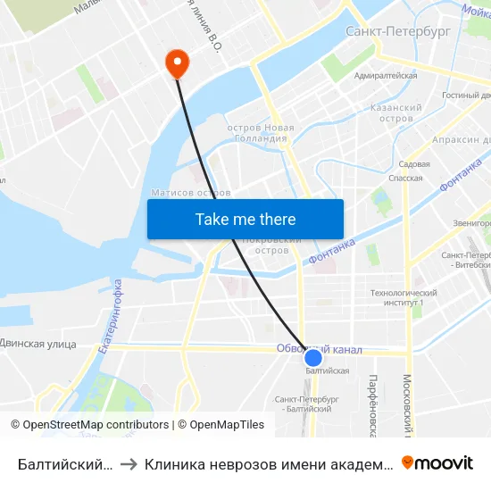 Балтийский Вокзал to Клиника неврозов имени академика И. П. Павлова map