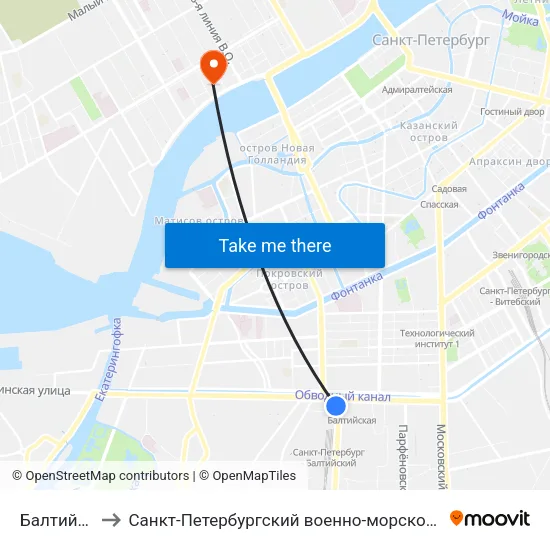 Балтийский Вокзал to Санкт-Петербургский военно-морской институт ""Морской корпус Петра Великого"" map