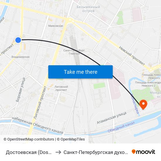 Достоевская (Dostoyevskaya) to Санкт-Петербургская духовная академия map