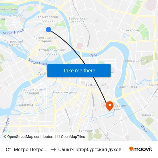Ст. Метро Петроградская to Санкт-Петербургская духовная академия map