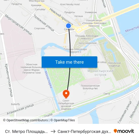 Ст. Метро Площадь Ал. Невского to Санкт-Петербургская духовная академия map