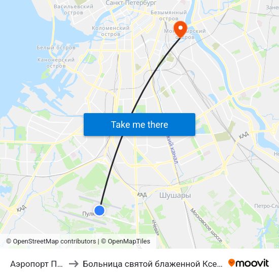 Аэропорт Пулково 1 to Больница святой блаженной Ксении Петербургской map