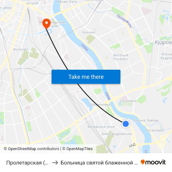 Пролетарская (Proletarskaya) to Больница святой блаженной Ксении Петербургской map