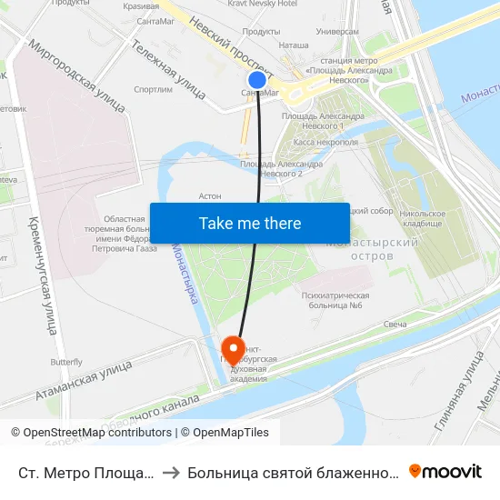Ст. Метро Площадь Ал. Невского to Больница святой блаженной Ксении Петербургской map