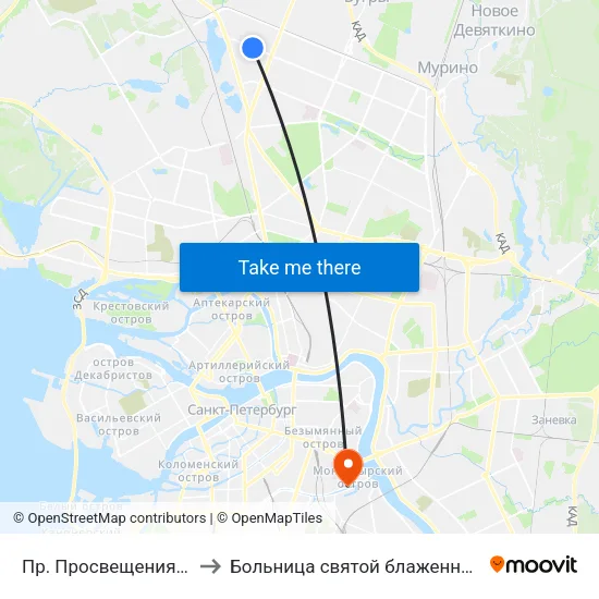 Пр. Просвещения Уг. Ул. Симонова to Больница святой блаженной Ксении Петербургской map