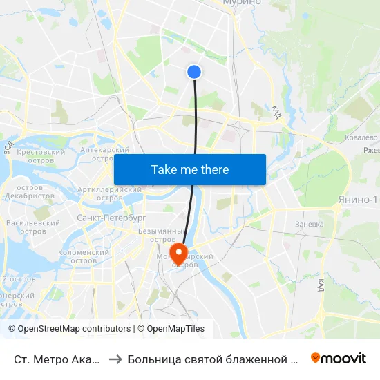 Ст. Метро Академическая to Больница святой блаженной Ксении Петербургской map