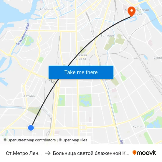 Ст.Метро Ленинский Пр. to Больница святой блаженной Ксении Петербургской map
