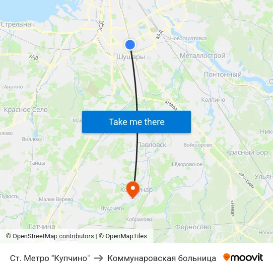 Ст. Метро "Купчино" to Коммунаровская больница map