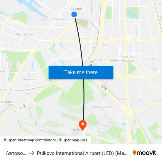 Автово (Avtovo) to Pulkovo International Airport (LED) (Международный аэропорт Пулково) map