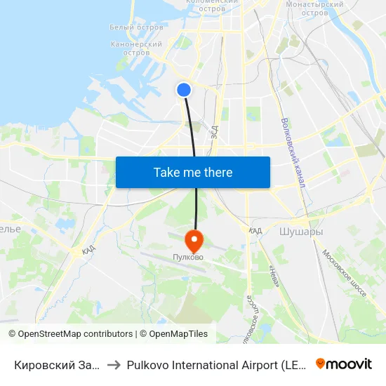 Кировский Завод (Kirovsky Zavod) to Pulkovo International Airport (LED) (Международный аэропорт Пулково) map