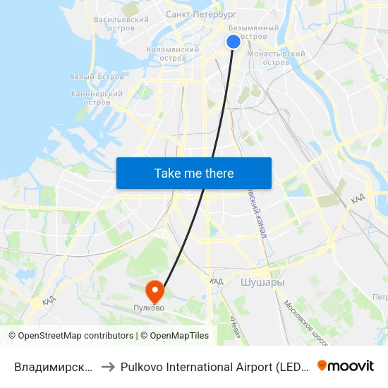 Владимирская (Vladimirskaya) to Pulkovo International Airport (LED) (Международный аэропорт Пулково) map