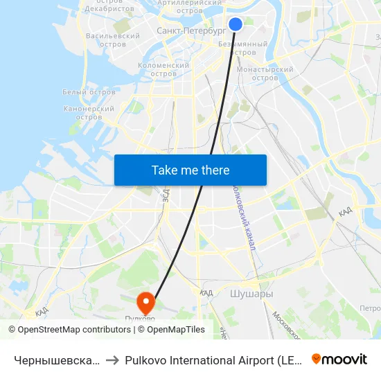 Чернышевская (Chernyshevskaya) to Pulkovo International Airport (LED) (Международный аэропорт Пулково) map