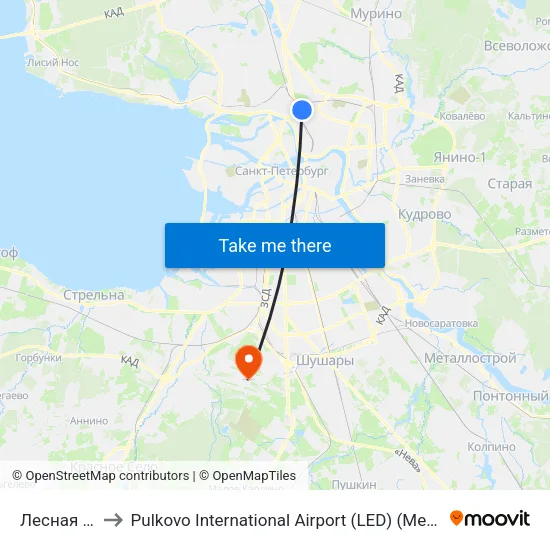 Лесная (Lesnaya) to Pulkovo International Airport (LED) (Международный аэропорт Пулково) map