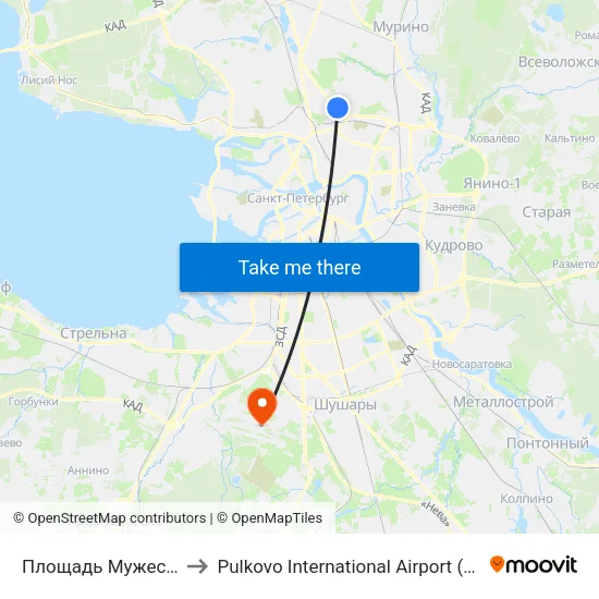 Площадь Мужества (Ploschad' Muzhestva) to Pulkovo International Airport (LED) (Международный аэропорт Пулково) map