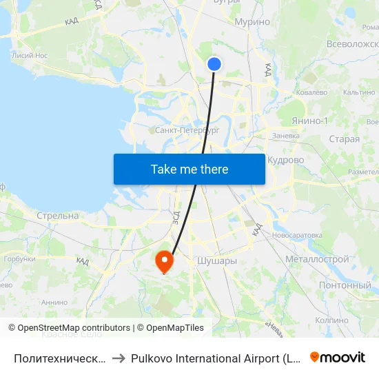 Политехническая (Politekhnicheskaya) to Pulkovo International Airport (LED) (Международный аэропорт Пулково) map