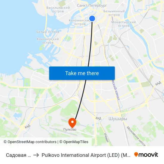 Садовая (Sadovaya) to Pulkovo International Airport (LED) (Международный аэропорт Пулково) map