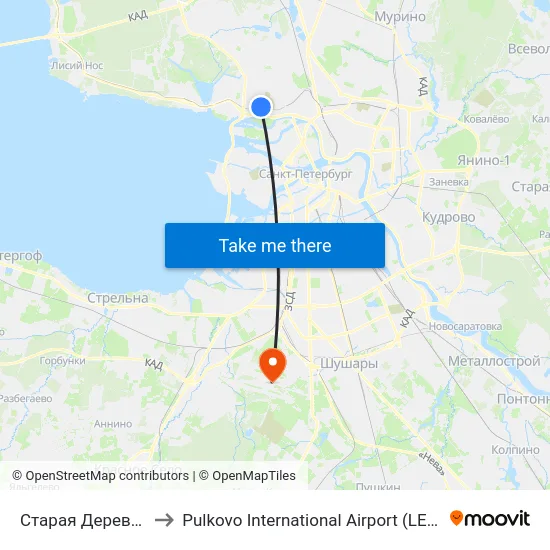 Старая Деревня (Staraya Derevnya) to Pulkovo International Airport (LED) (Международный аэропорт Пулково) map