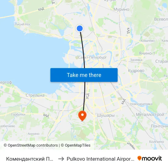 Комендантский Проспект (Komendantskiy Prospekt) to Pulkovo International Airport (LED) (Международный аэропорт Пулково) map