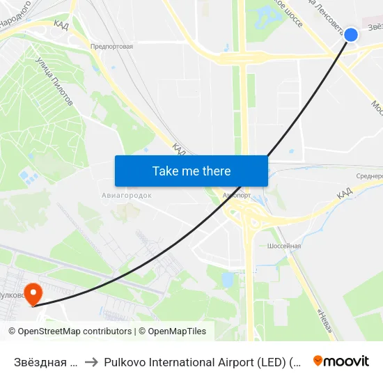 Звёздная (Zvyozdnaya) to Pulkovo International Airport (LED) (Международный аэропорт Пулково) map