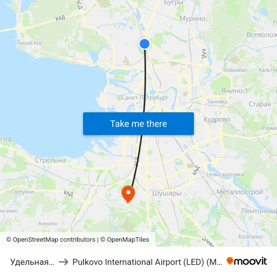 Удельная (Udel'Naya) to Pulkovo International Airport (LED) (Международный аэропорт Пулково) map