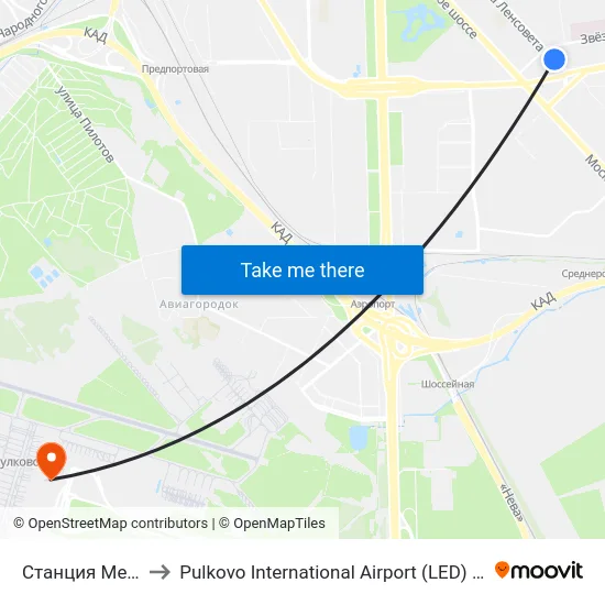 Станция Метро «Звездная» to Pulkovo International Airport (LED) (Международный аэропорт Пулково) map