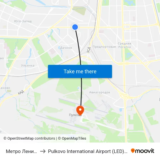 Метро Ленинский Проспект to Pulkovo International Airport (LED) (Международный аэропорт Пулково) map