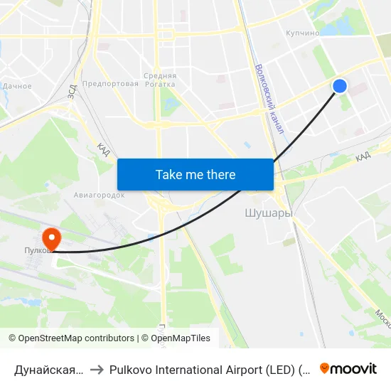 Дунайская (Dunayskaya) to Pulkovo International Airport (LED) (Международный аэропорт Пулково) map