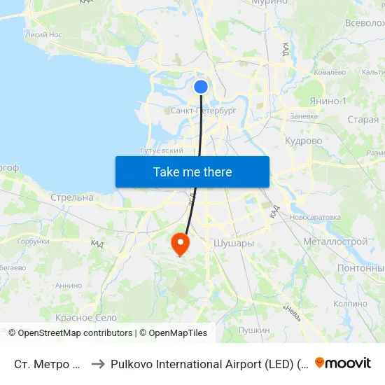Ст. Метро Петроградская to Pulkovo International Airport (LED) (Международный аэропорт Пулково) map