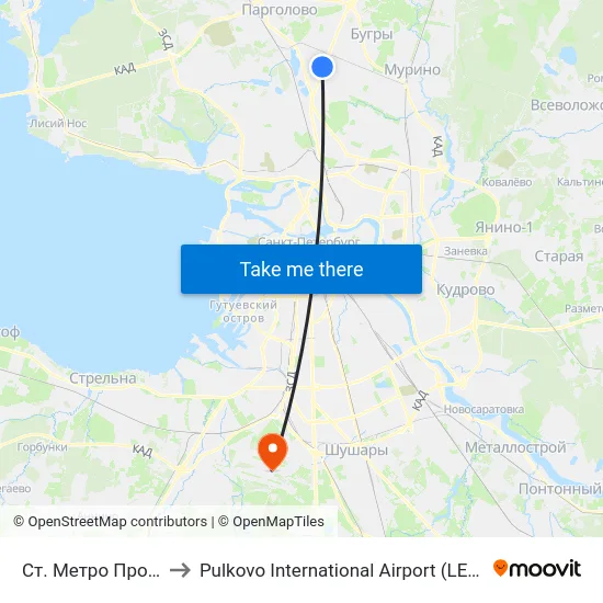 Ст. Метро Проспект Просвещения to Pulkovo International Airport (LED) (Международный аэропорт Пулково) map