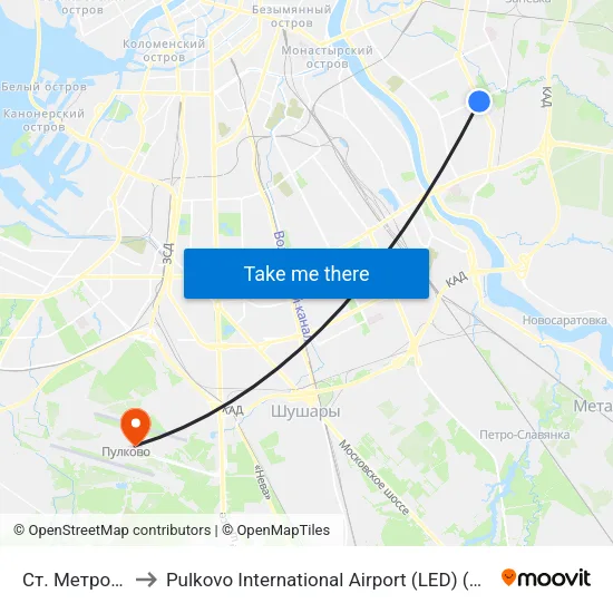 Ст. Метро Ул.Дыбенко to Pulkovo International Airport (LED) (Международный аэропорт Пулково) map