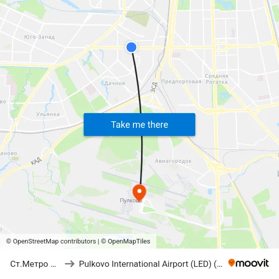 Ст.Метро Ленинский Пр. to Pulkovo International Airport (LED) (Международный аэропорт Пулково) map