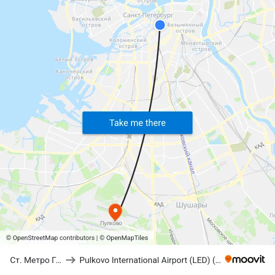 Ст. Метро Гостиный Двор to Pulkovo International Airport (LED) (Международный аэропорт Пулково) map