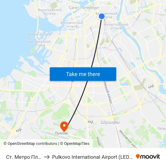Ст. Метро Площадь Восстания to Pulkovo International Airport (LED) (Международный аэропорт Пулково) map