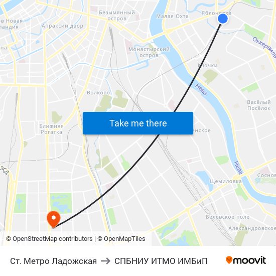 Ст. Метро Ладожская to СПБНИУ ИТМО ИМБиП map