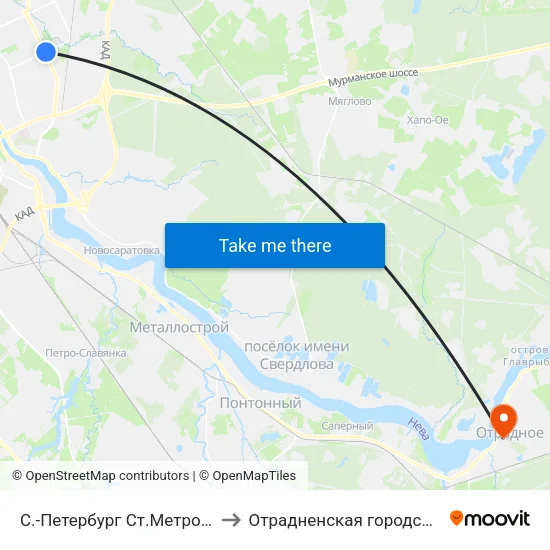 С.-Петербург  Ст.Метро Ул.Дыбенко to Отрадненская городская больница map