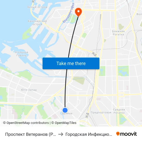 Проспект Ветеранов (Prospekt Veteranov) to Городская Инфекционная больница 10 map