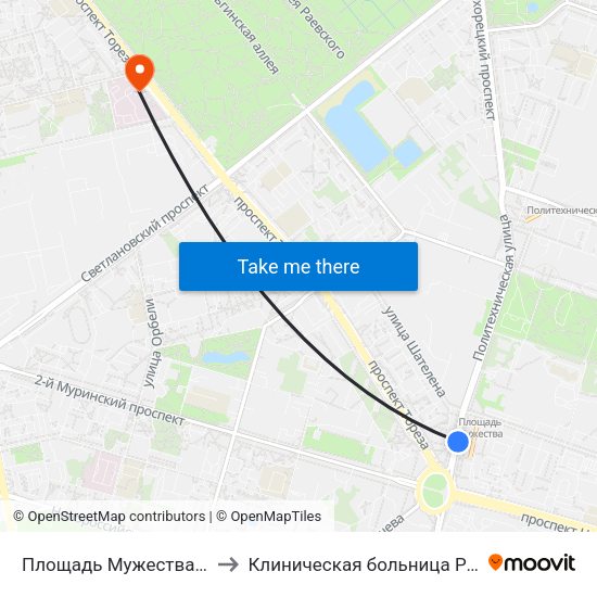 Площадь Мужества (Ploschad' Muzhestva) to Клиническая больница Российской Академии Наук map