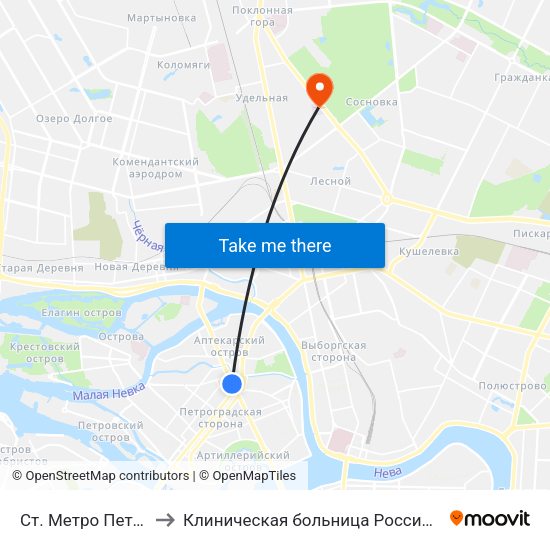 Ст. Метро Петроградская to Клиническая больница Российской Академии Наук map