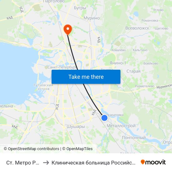 Ст. Метро Рыбацкое to Клиническая больница Российской Академии Наук map