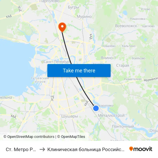 Ст. Метро Рыбацкое to Клиническая больница Российской Академии Наук map