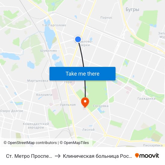 Ст. Метро Проспект Просвещения to Клиническая больница Российской Академии Наук map