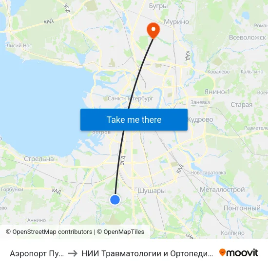 Аэропорт Пулково 1 to НИИ Травматологии и Ортопедии имени Вредена map