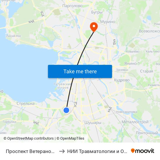 Проспект Ветеранов (Prospekt Veteranov) to НИИ Травматологии и Ортопедии имени Вредена map