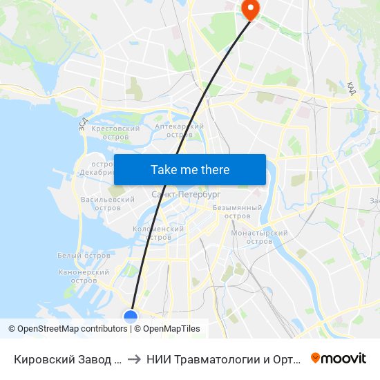 Кировский Завод (Kirovsky Zavod) to НИИ Травматологии и Ортопедии имени Вредена map